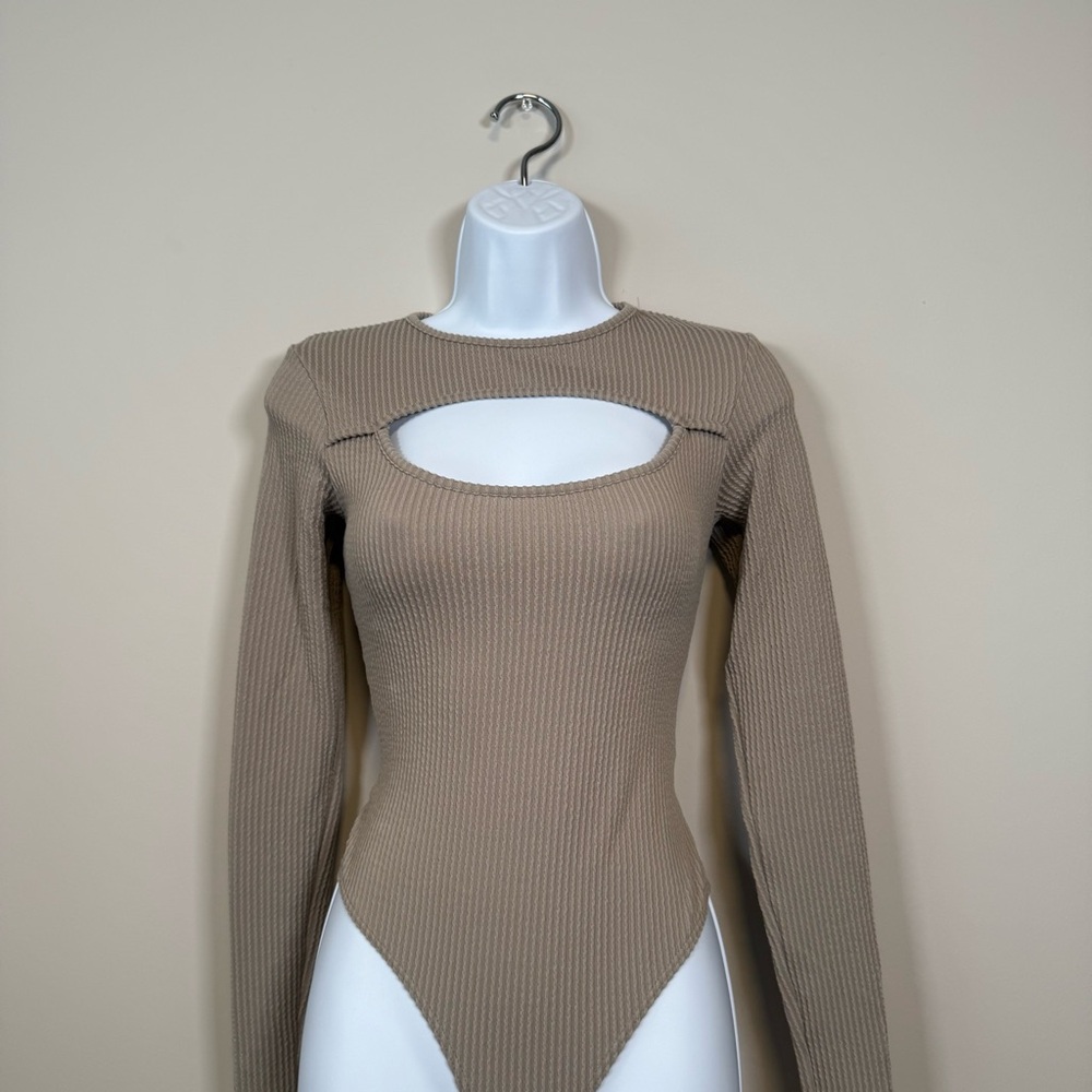 Fashion Nova Taupe Ribbed Cutout Bodysuit
